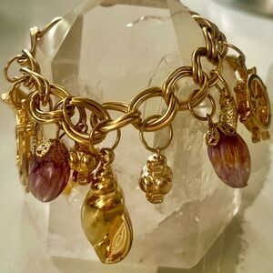 Vintage Chunky Nautical Charm Bracelet Gold Tone Anchor Shell Fish Statement